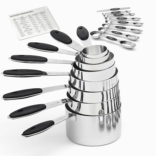 Measuring Cups 17-Piece Stainless Steel Measuring Set, Measuring Cups and Spoons with Leveler, Magnetic Conversion Chart, Black