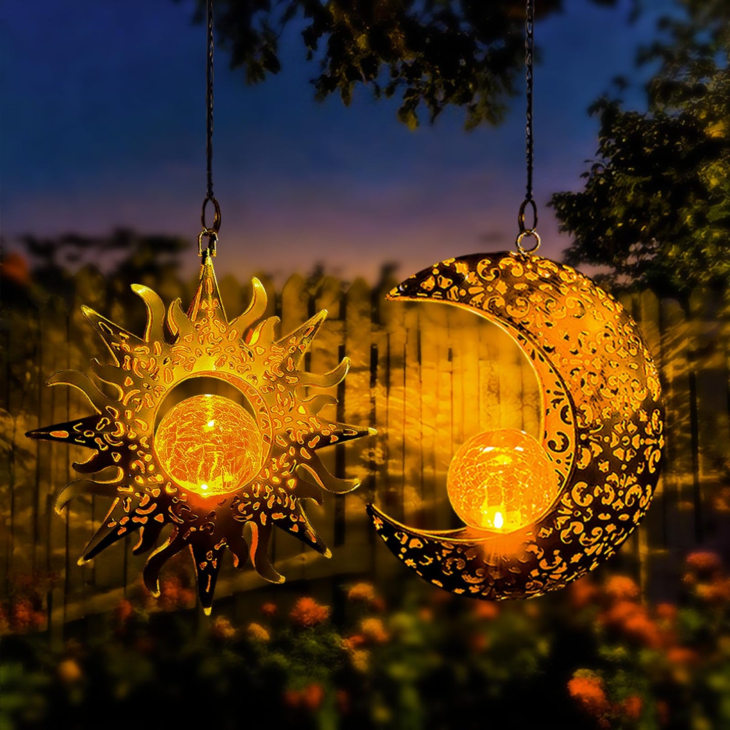Qcf Solar Hanging Sun And Moon Lights Garden Outside Decor 2 Pack Metal Lanterns Outdoor Sunflower Art Decorations For Porch Backyard Patio Wall Tree Unique Gardening Gifts For Women Mom Grandma