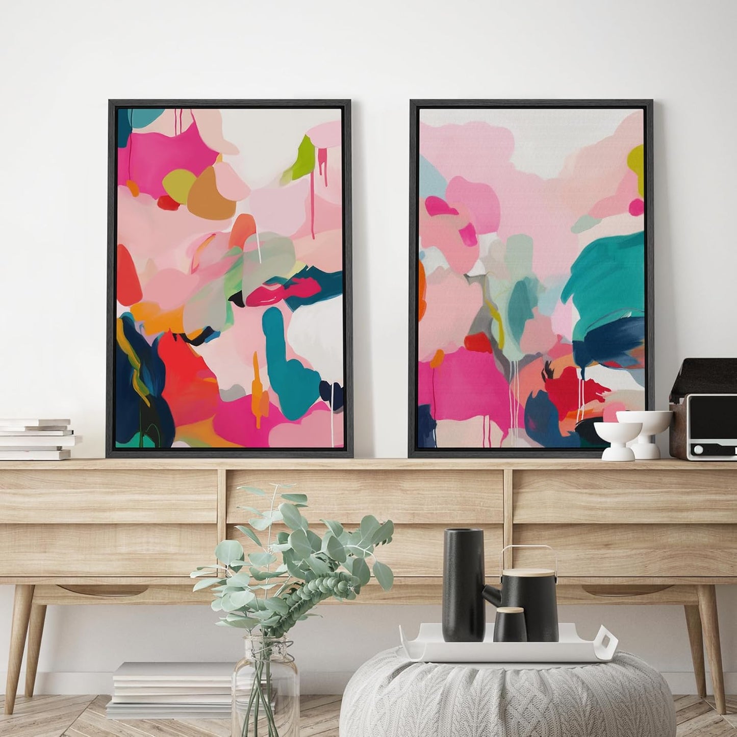 SIGNWIN Framed Canvas Print Wall Art Colorful Abstract Vibrant Pink and Blue Drip Illustrations Modern Art Decorative Contemporary for Living Room, Bedroom, Office - 24"x36"x2 Black