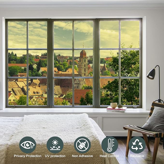 Window Privacy Film One Way Daytime Mirror Tint Treatments UV Heat Control Vinyl Stickers Sun Block Glass Paper Door Covering Reflective,Gold Silver,29.5 Inch x 13.1 Feet
