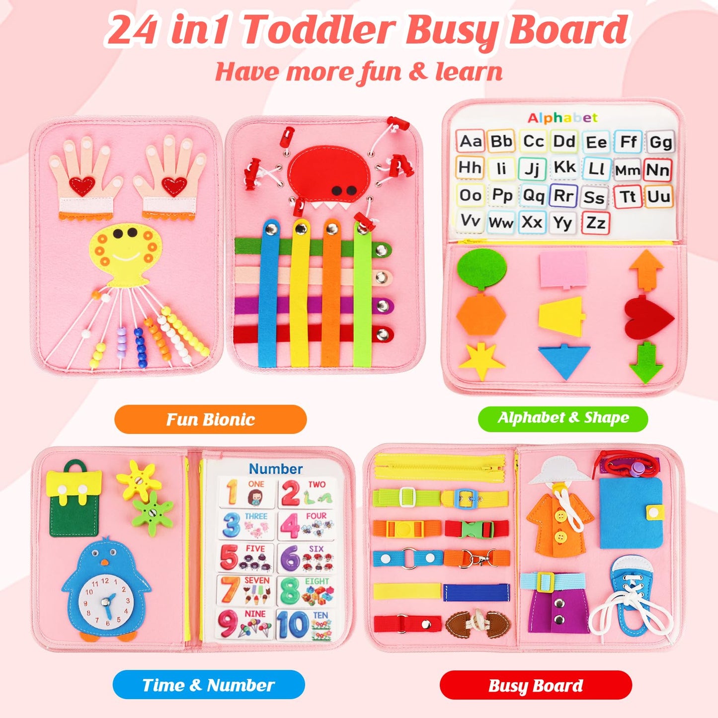 Petenjoy Montessori Busy Board & Busy Book for Toddler 1-3 2-4 – Educational Toys for 1 Year Old Girls, Sensory Activity Board, Fine Motor Skills Learning Gift
