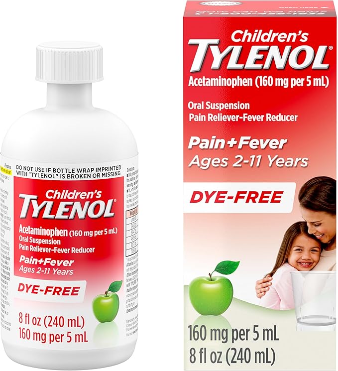 Children's Tylenol Liquid Pain Relief & Fever Medicine, Acetaminophen Oral Suspension, Dye-Free, Aspirin-Free, Ibuprofen-Free, High Fructose Corn Syrup-Free; Natural Apple Flavor, 8 fl. oz