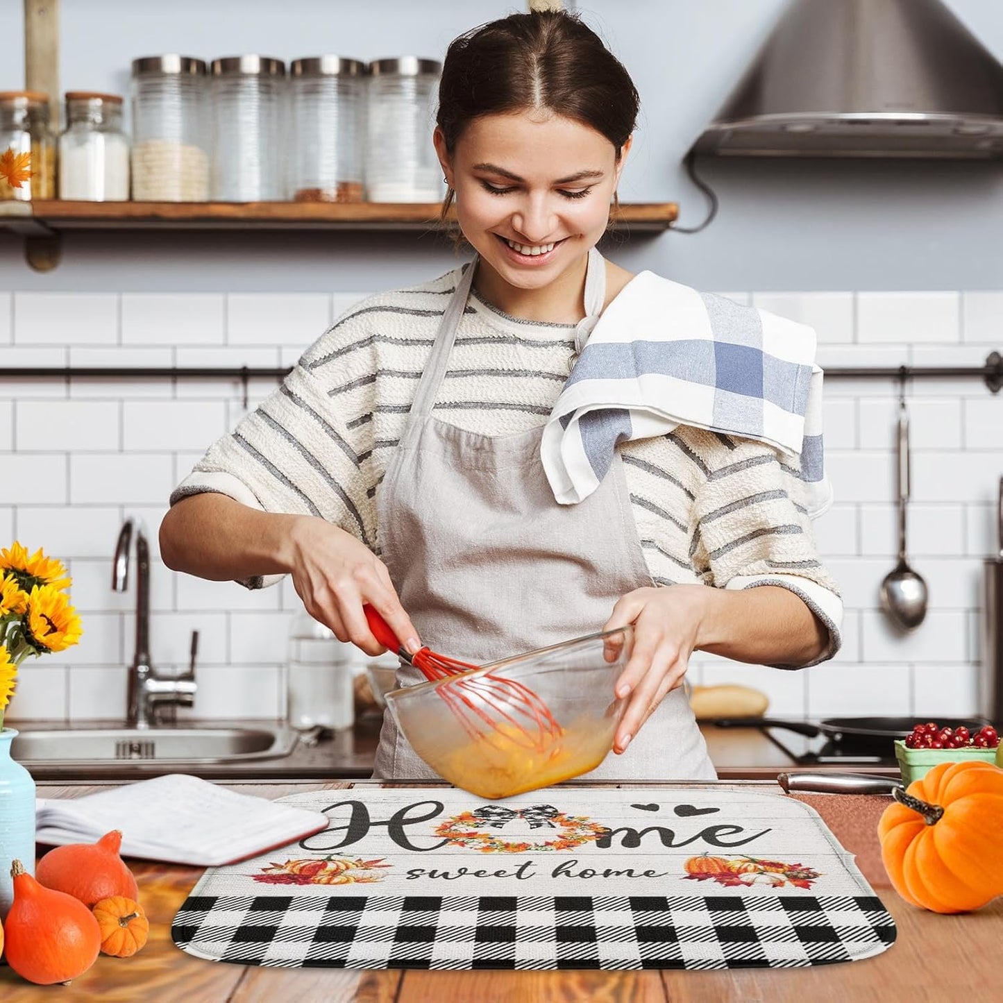 Sanwarm Absorbent Dish Drying Mat, Autumn Pumpkin Flower Microfiber Pad for Kitchen Counter, Fall Home Sweet Home for Coffee Bar Decor, Heat Resistant and Reversible, 16" x 18"