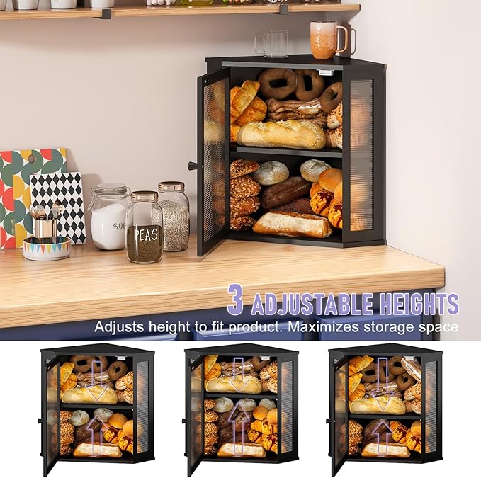 Corner Bread box for Kitchen Countertop,Farmhouse Bread Box with Acrylic Wavy Door Panel,Large Bread box for kitchen countertop,Kitchen Countertop Food Storage Container (Black, Extra Large)