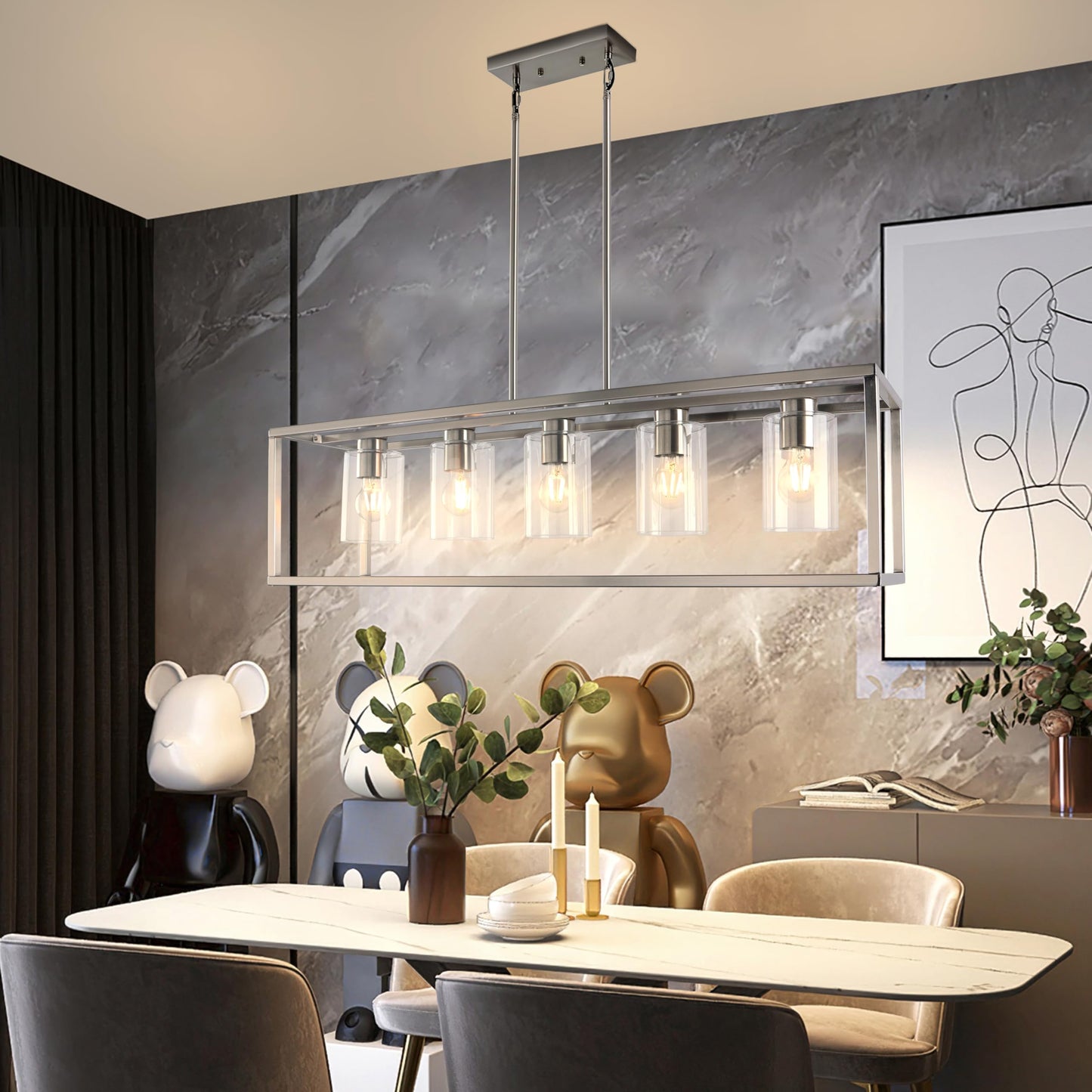 Chandeliers For Dining Room  5 Light Dining Room Light Fixture Modern Metal Industrial Kitchen Lighting Fixtures Ceiling Easy Installation Kalium Pendant Lights For Bar Restaurant-E26 Socket Sliver