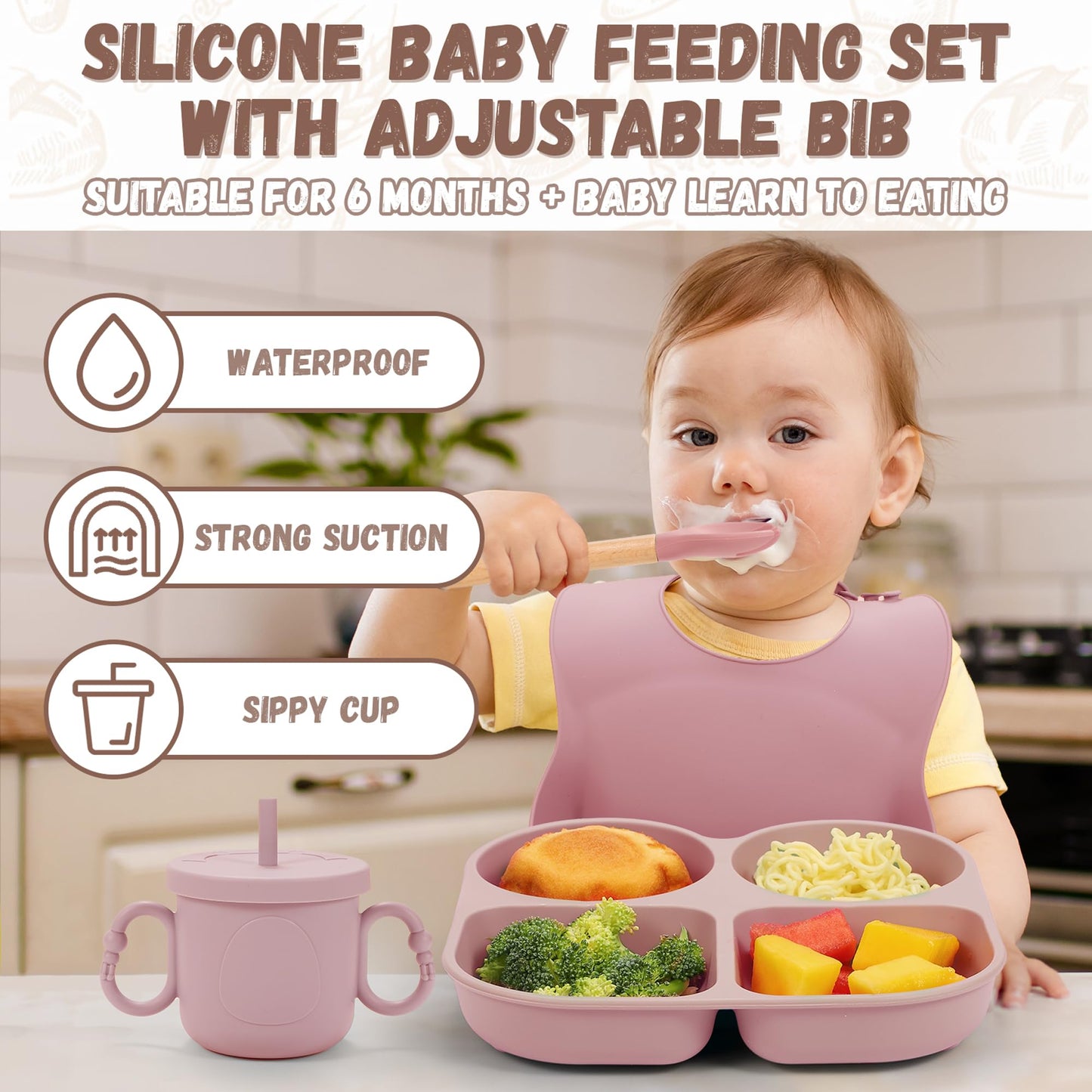 MIICASA Silicone Baby Feeding Set, Baby Led Weaning Supplies, Baby Food Tableware Silicone Suction Plate, Bowl, Spoons, Fork, Waterproof Bib, Cup & Complementary Food Cake Mold, Baby Eating Utensils