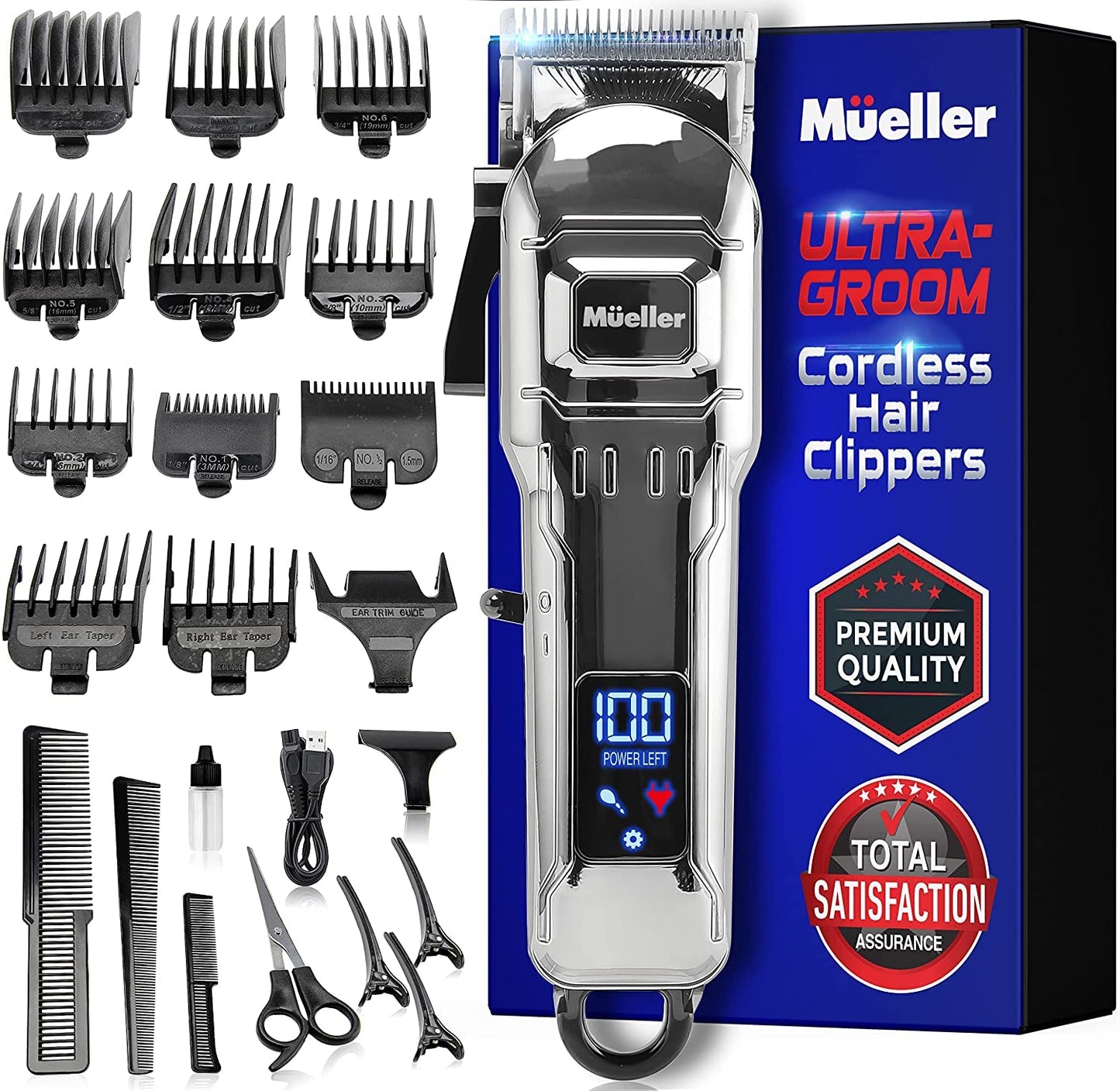 Mueller Ultragroom Hair Clipper & Trimmer, Professional Colored Haircutting Kit, designed for both Men and Women, 12 Guide Combs