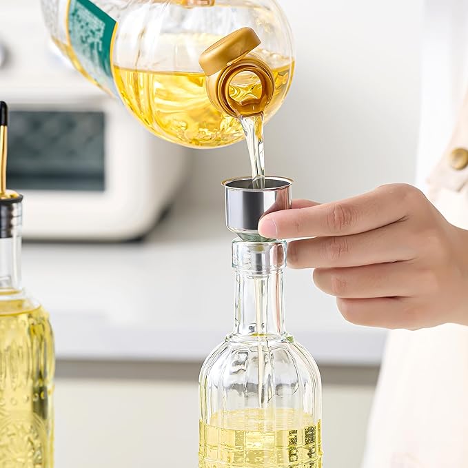 4 Pcs Olive Oil Dispenser Bottle for Kitchen,17oz Clear Glass Oil and Vinegar Dispenser Bottle Set, Classic Coffee Syrup Dispenser with 4 Stainless Steel Spouts and 1 Funnel (Style C, Gold)