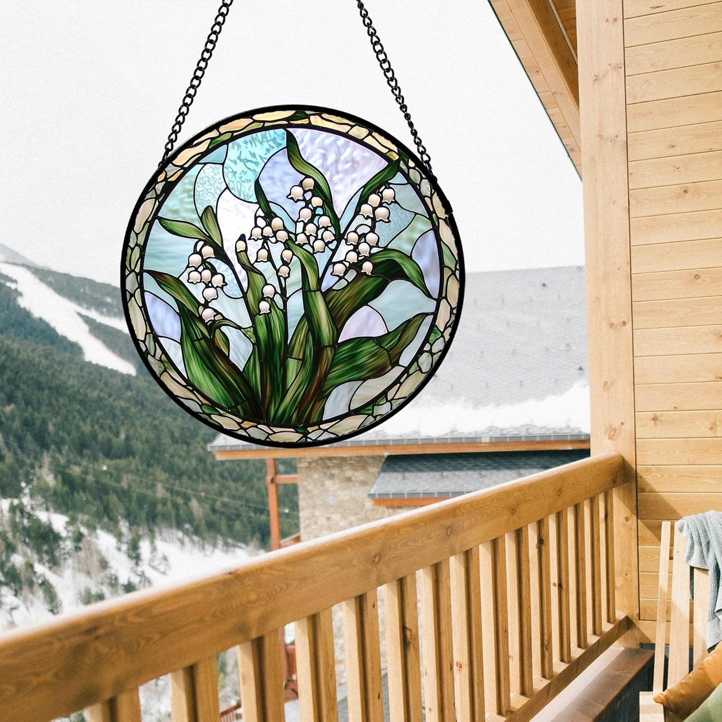 Stained Glass Window Hanging, White Green Lily of The Walley Flowers Sun Catcher for Door Home Decor Plants Suncatcher Christmas Mother's Day Birthday Gifts for Women Men Mom Nana 7.8 in