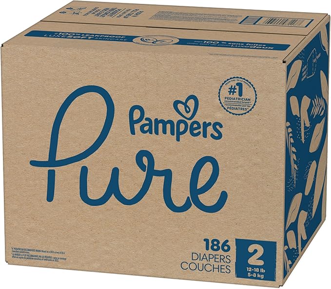 Pampers Pure Protection Baby Diapers, Size 2 (12-18 lbs), 186 Count, Up to 100% Leakproof, Premium Plant-Based Skin Protection, Hypoallergenic Soft Diapers