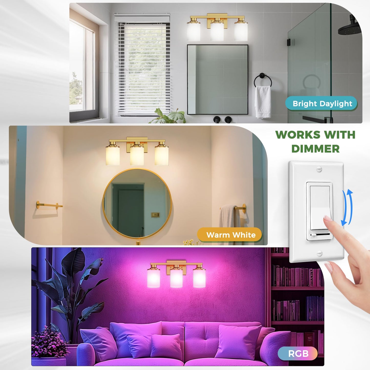Doresshop 17 Inch Bathroom Light Fixtures  3-Light Brass Bathroom Lighting Fixtures Over Mirror With Milk Glass Shade  Vanity Lights For Living Room Bedroom