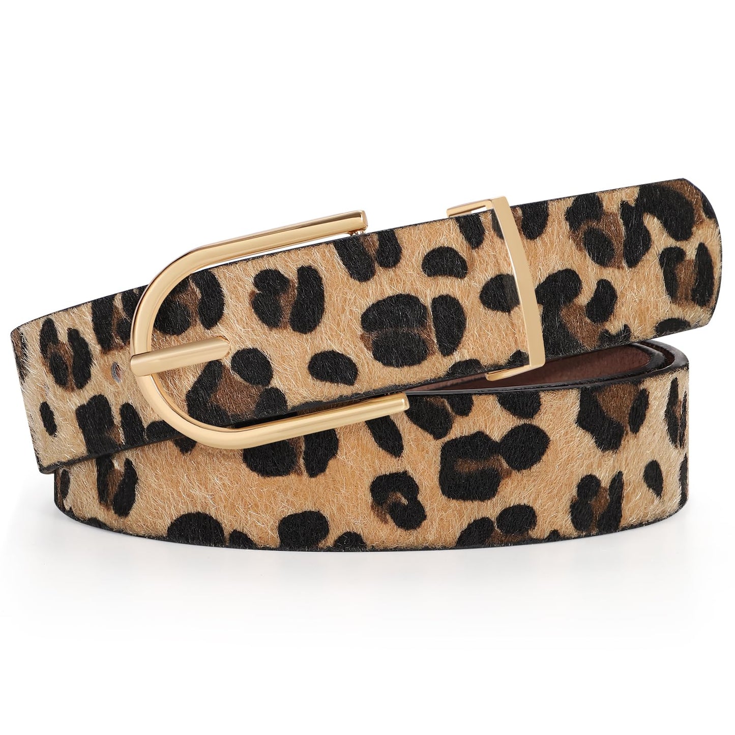 SANSTHS Women Faux Leather Chic Belts for Jeans Pants Fashion Ladies Belt Solid Color with Gold Curved Pin Buckle Leopard M