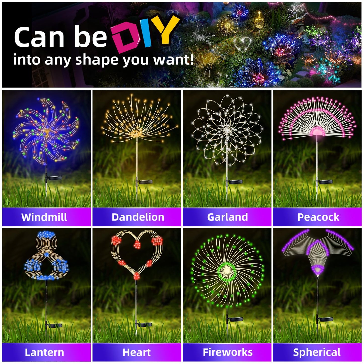 Yotozu 2 Pcs Solar Firework Light  Outdoor Solar Garden Decorative Lights 120 Led Powered 40 Copper Wires String Diy Landscape Light For Walkway Pathway Backyard Decoration Parties Perfect Gifts(Red)