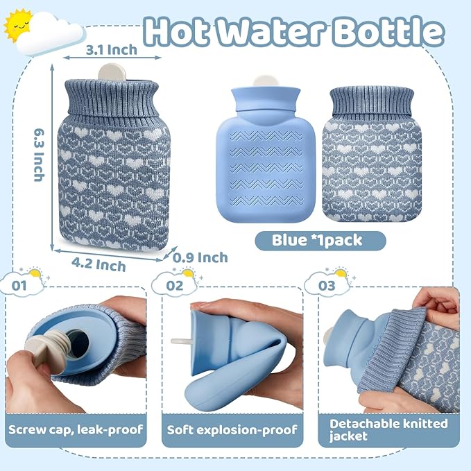 Amylove Mini Hot Water Bottle 320ml for Hot & Cold Compress with Cover Silicone Microwave Heating Small Water Bag for Travel Pain Relief Holiday Gifts(Stone Blue)