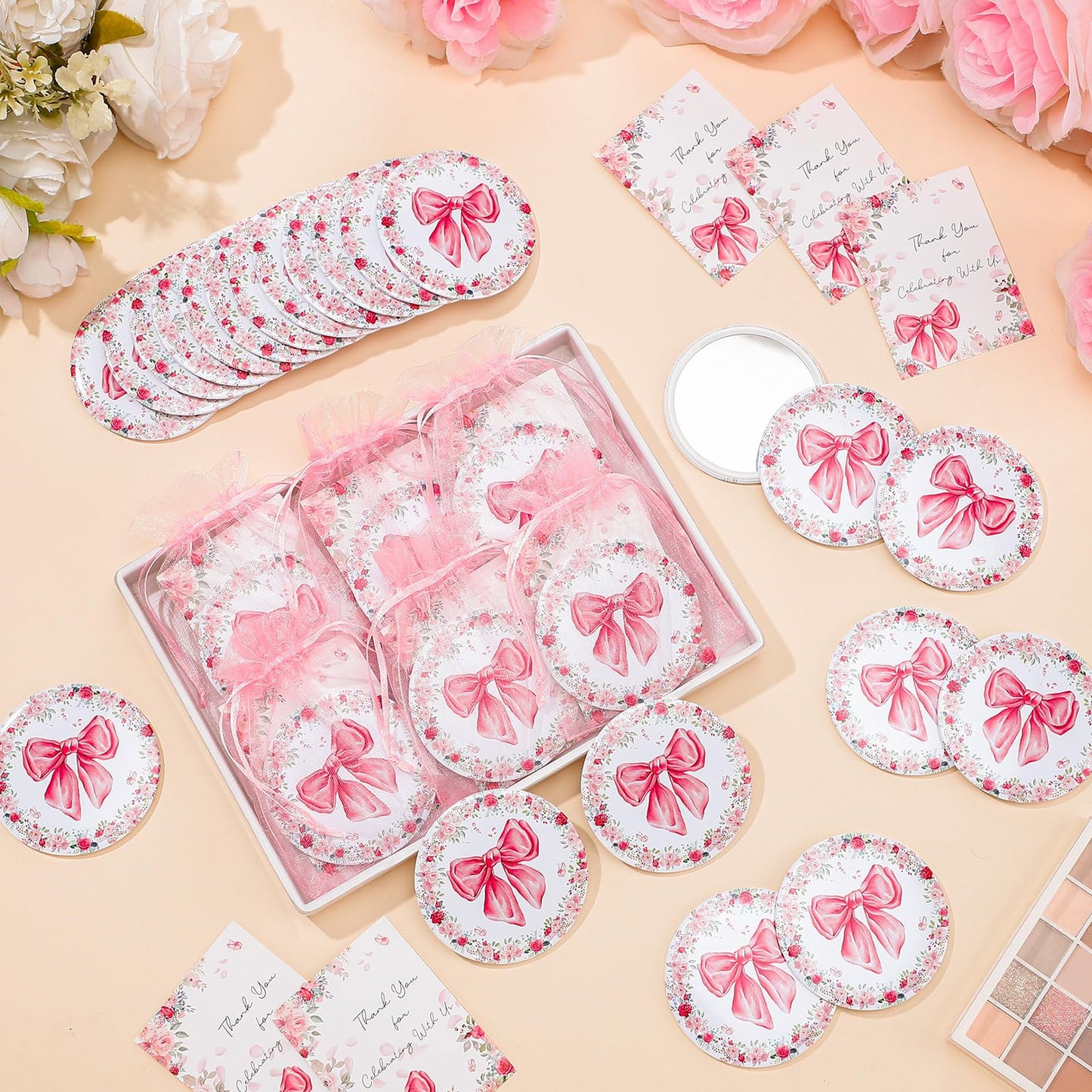 Namalu 48 Sets Coquette Pink Bow Party Favors Compact Mirror Bulk and Thank You Pink Bow Cards and Organza Bags for Bridal Weddi