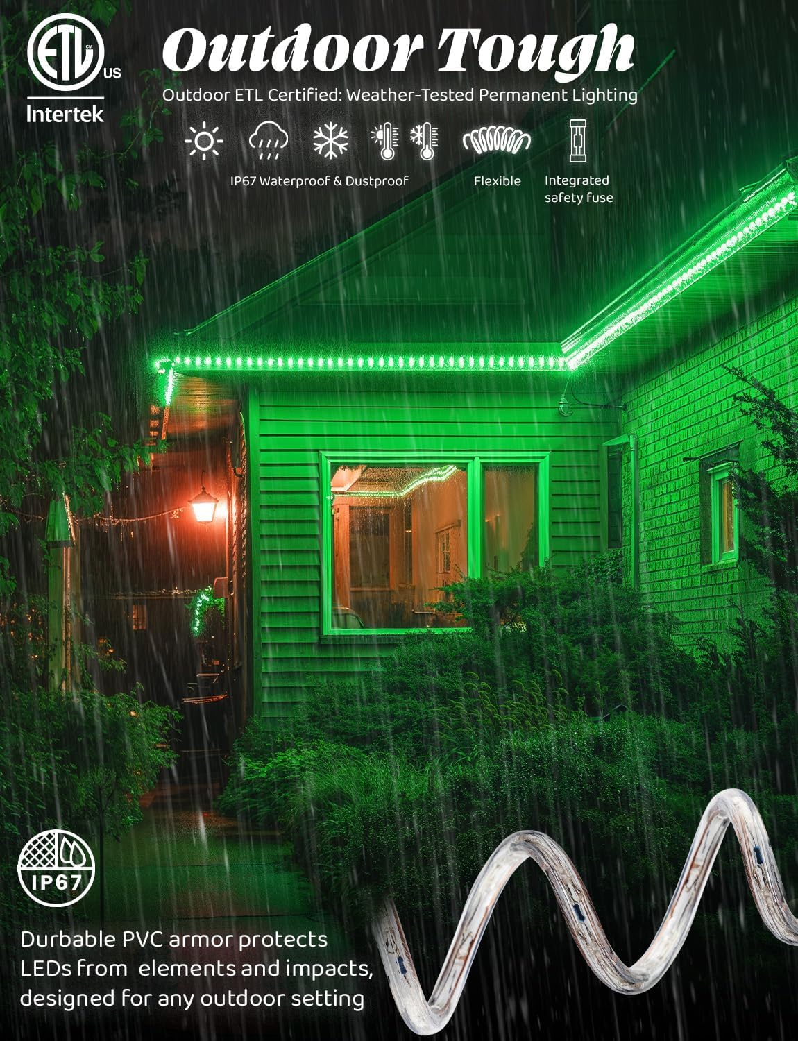 West Ivory 60ft Green LED Rope Light, 8 Modes, Waterproof, ETL Certified, Model LED-R-MODE-60FT-GRN