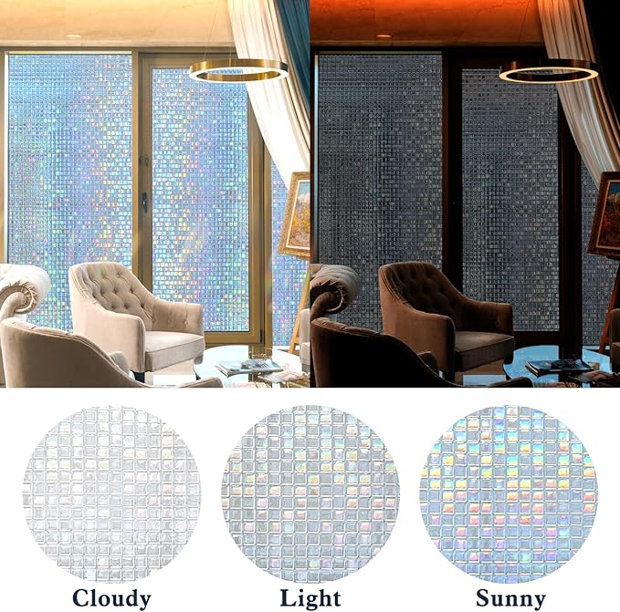 Privacy Window Film Stained Glass Non-Adhesive Rainbow Window Film Home Decorative Vinyl Static Cling Window Stickers Window Covering for Glass Door Bedroom Office 35.4 Inch x 6.8 Feet