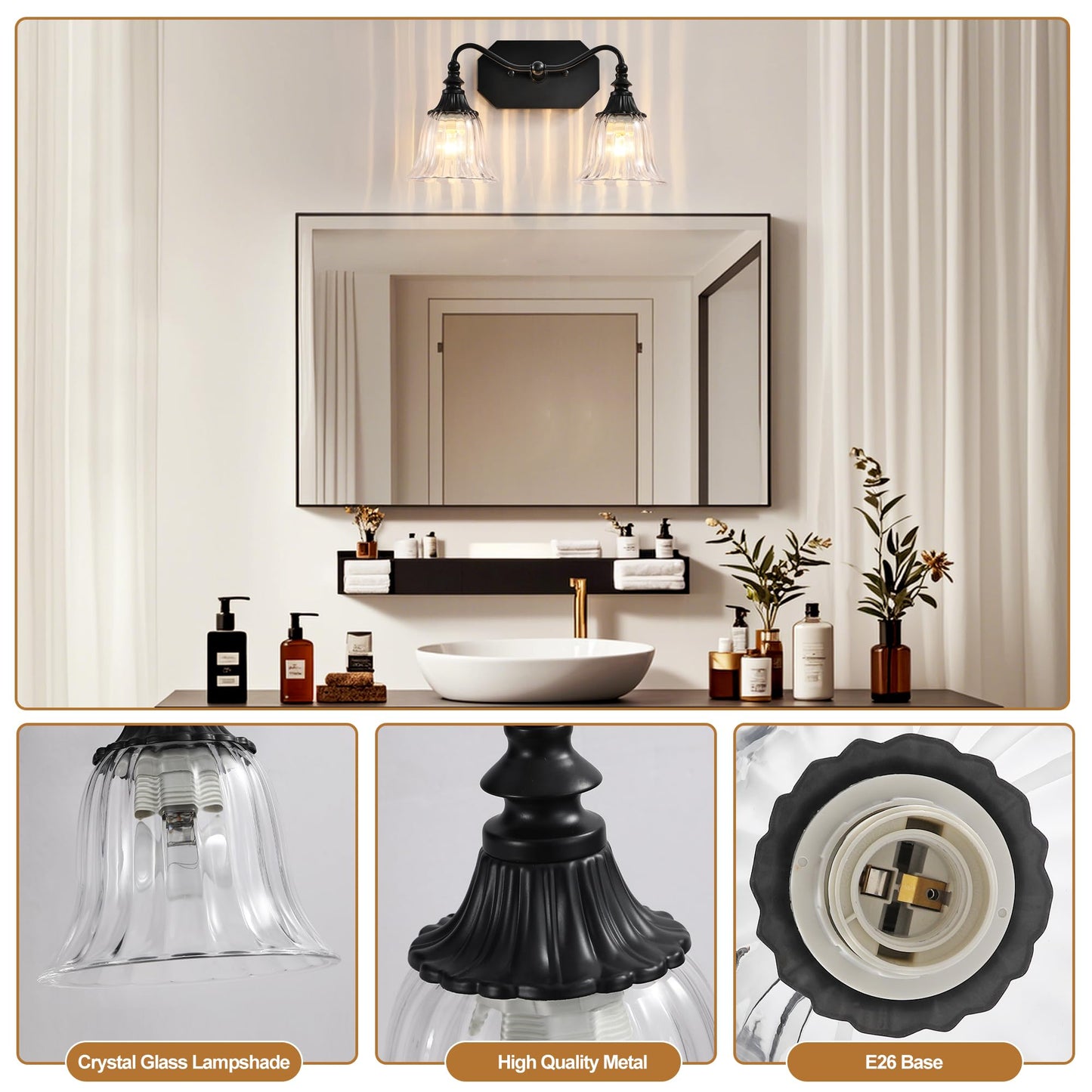 Lmnlvn Bathroom Vanity Light Fixture  2 Lights Bathroom Lighting Matte Antique Brass Finish With Crystal Glass Shade  Vintage Vanity Light For Bathrooms
