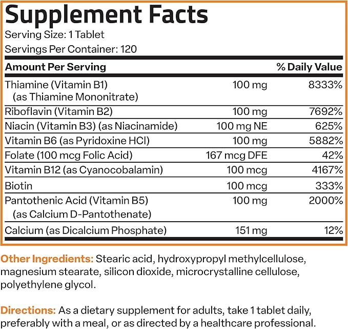 Bronson Vitamin B 100 Complex High Potency Sustained Release (Vitamin B1, B2, B3, B6, B9 - Folic Acid, B12), 120 Tablets