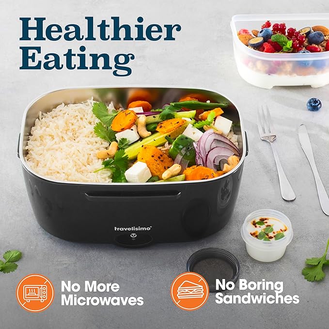 TRAVELISIMO Electric Lunch Box for Adults 80W Heated Lunch Box For Men 1.5L Stainless Steel Portable Food Warmer, 12/24/110V Electric Food Warmers for Travel & Work, Loncheras Para Hombres de Trabajo