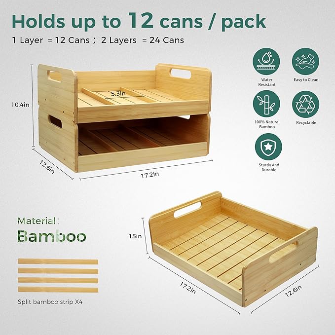 MinBoo Bamboo Can Organizer for Pantry - Stackable Can Rack for 24 Cans, Canned Food Storage, Pantry Shelf, Kitchen Cabinet or Countertop