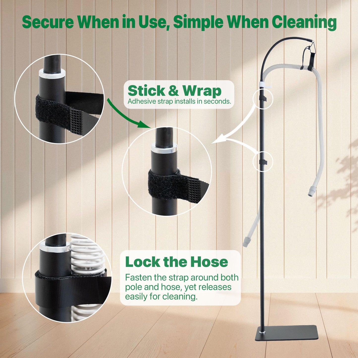 CPAP Hose Holder Stand for Improving Sleep Comfort- Customizable Height & Position for All Bed Heights, Includes Mask Hook & Tube Straps, Prevents Hose Pulling & Tangling