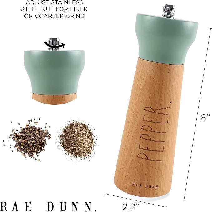 Rae Dunn Salt and Pepper Grinder Set of 2 - Bamboo Sea Salt Pepper Grinder - Classy Salt and Pepper Shakers - Pepper Mill & Salt Mill, Sage