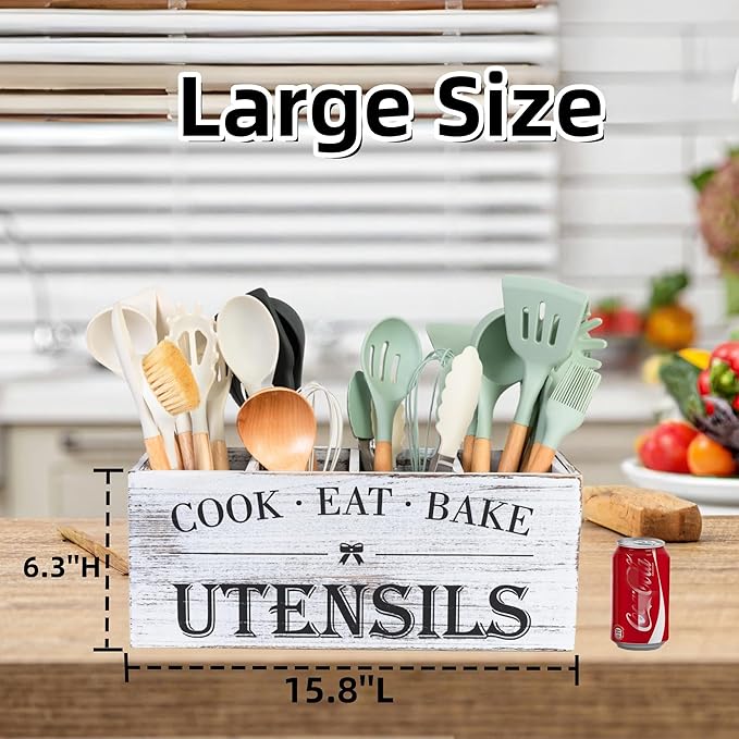 Utensil Holder,Extra Large Wooden Utensil Holder For Kitchen Counter,Cooking Spatula Organizer,Big Storage Caddy With 4 Compartments Flatware Spoon Tool Cutlery(Light White)