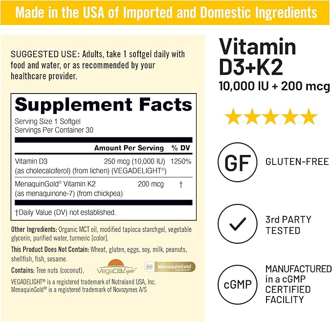 NatureWise Vegan Vitamin D3 + K2 in Organic Coconut MCT Oil - Organic D3 10000IU + Natural K2 100mcg - High Absorption Bone Support - Non-GMO - USA Manufactured - 30 Softgels[30-Day Supply]