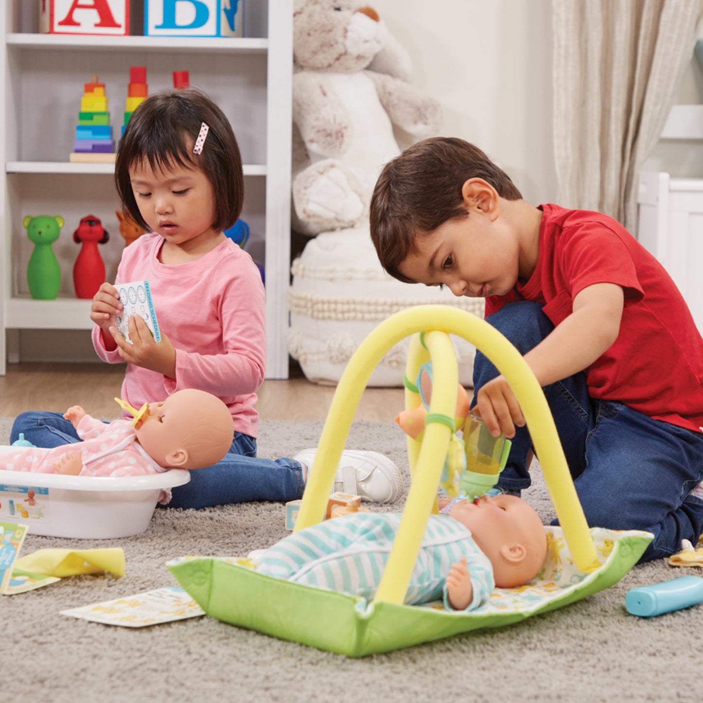 Melissa & Doug Mine to Love Twins Luke & Lucy 15” Light Skin-Tone Boy and Girl Baby Dolls with Rompers, Caps, Pacifiers - Twin Baby Dolls, First Baby Dolls for Toddlers 18 Months and Up