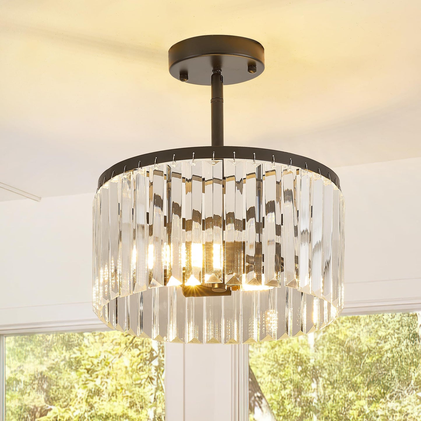 Lighceac Modern 12 Black Semi Flush Mount Crystal Ceiling Light Fixtures For Dining Room stylish Glam 2-Light Small Chandeliers Lighting For Bedroom Entryway Hallway Living Room Kitchen Island Foyer