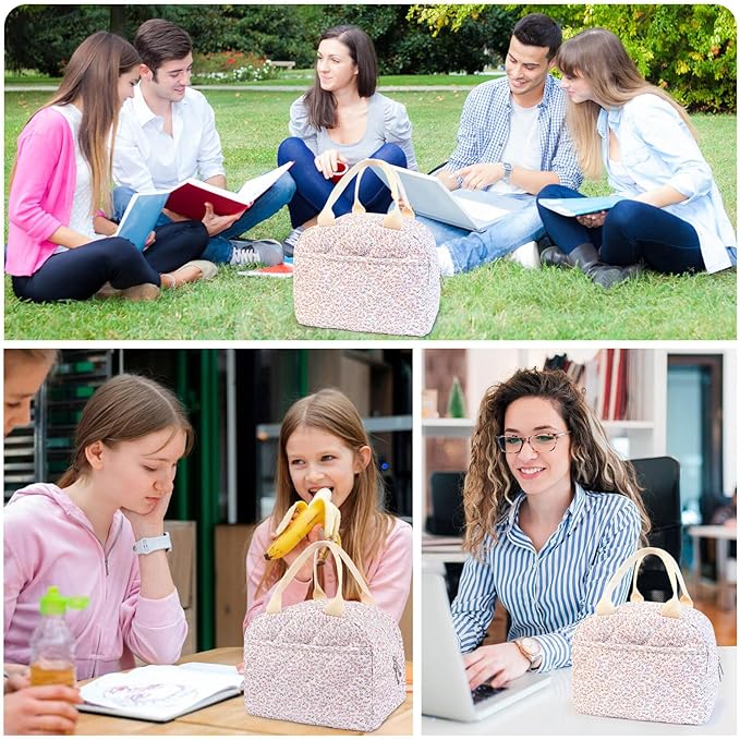 Cotton Quilted Insulated Lunch Bag, Cute Quilted Floral Tote Bags Reusable Lunch Box Coquette Aesthetic Large Capacity Insulated Cooler for Women Work Travel Picnic (Pink)