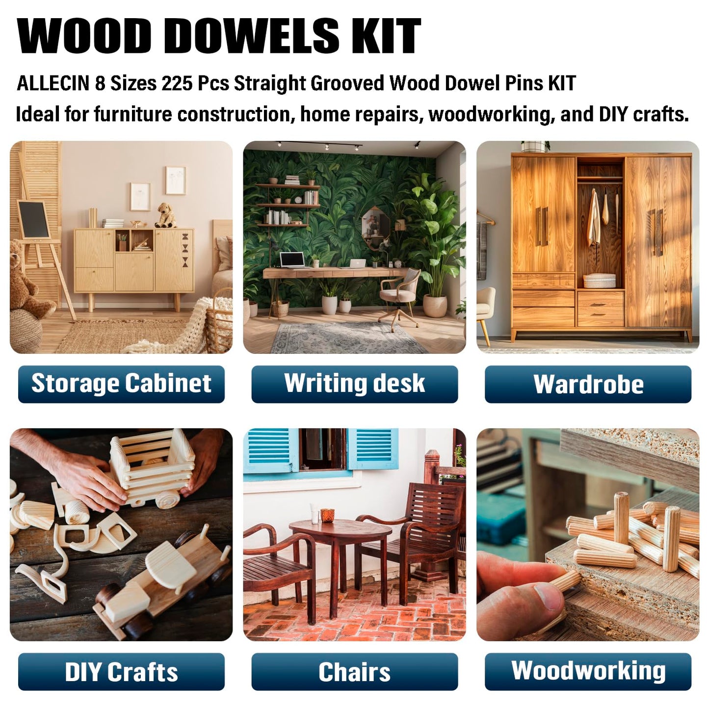 ALLECIN 8 Values Wood Dowels Kit 1/4 3/8 5/16 Inch Fluted Wooden Dowel Pins Pegs Assortment for Furniture Woodworking DIY Crafts (Pack of 225Pcs)