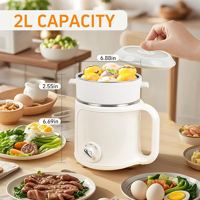 Electric Hot Pot with Steamer: 2.0L Ramen Cooker, Multifunctional Stainless Steel Electric Pot, Portable, Dual Power Adjustment for Dorm, Office, Travel