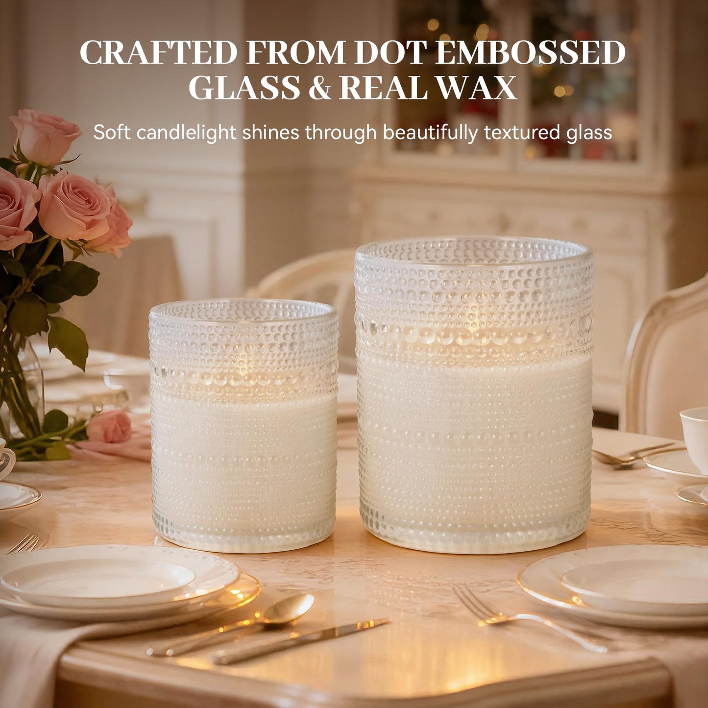 Velsyn Dotted Glass Flameless Candles with Remote Timer, Real Wax Battery Operated LED Pillar Candles with 3D Flickering Flame for Festival Wedding Home Party Decor, 3" x 4", 4" x 5", Set of 2 (White)