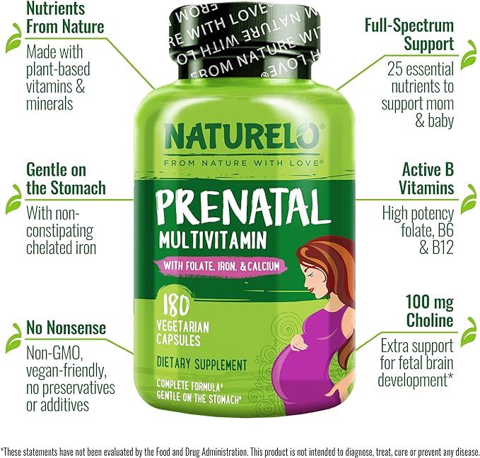 NATURELO Prenatal Multivitamin with Gentle Chelated Iron, Methyl Folate, Plant Calcium & Choline - Vegan, Vegetarian - Non-GMO - Gluten Free - 180 Capsules - 2 Month Supply