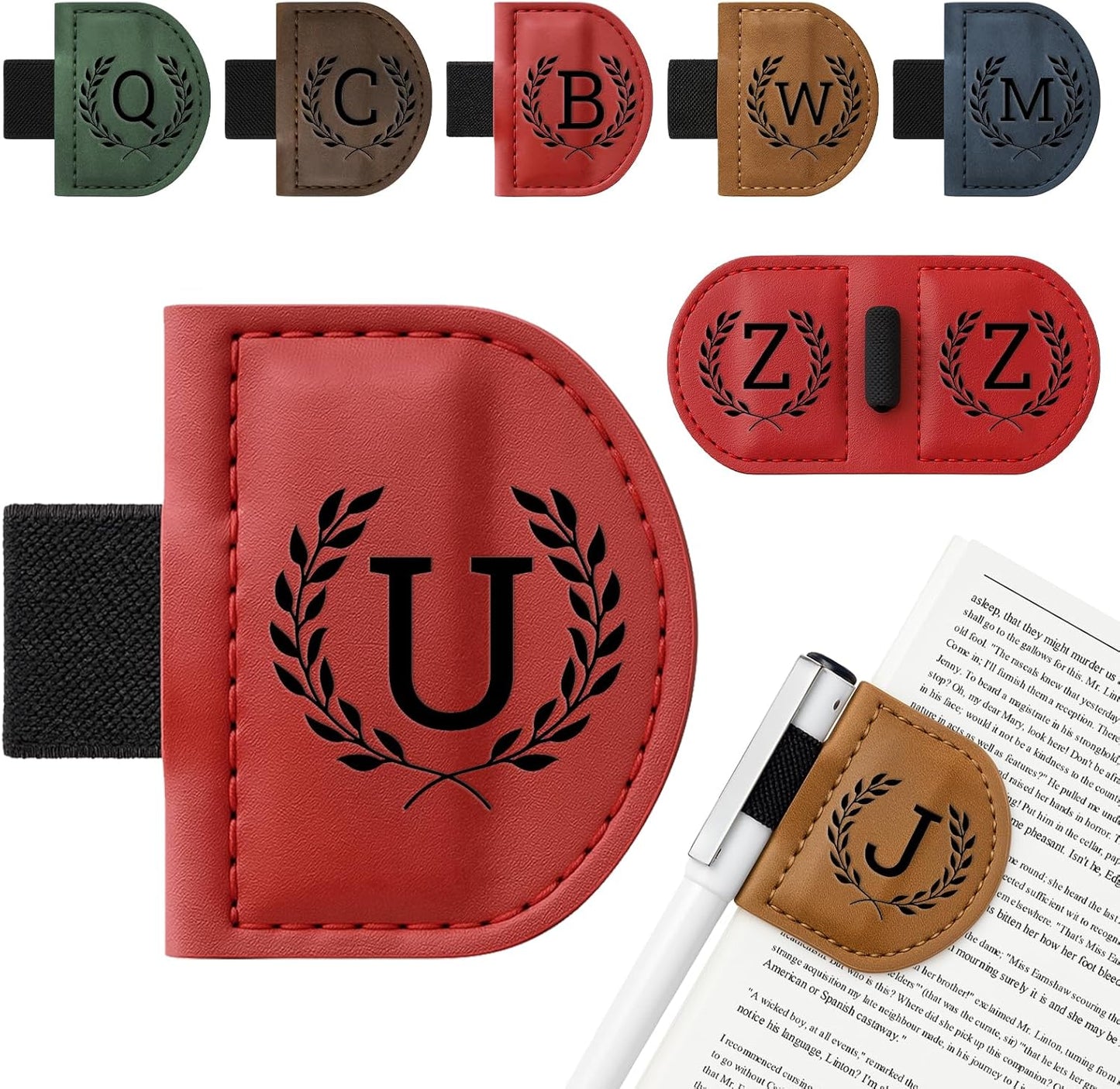 Personalized Bygone Mark Bookmark with Pen Holder,Engraving Leather Magnetic Bookmarks Vintage 26 Letters Name Initials Text Book Marker Clips Gifts for Reading Book Lovers Women (Red, U)