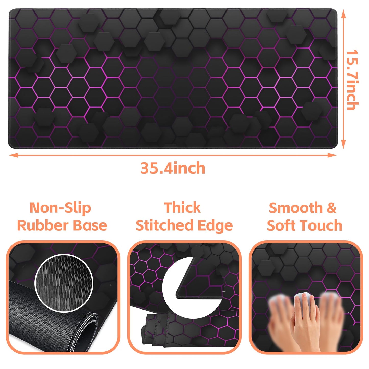 NIYLYNSYN Mouse Pad Large Electric Glow Hexagonal Non-Slip Gaming Desk Mat with Stitched Edge Laptop Keyboard Desk Pad for Work Home Gaming (35.4 x 15.7 Inches)