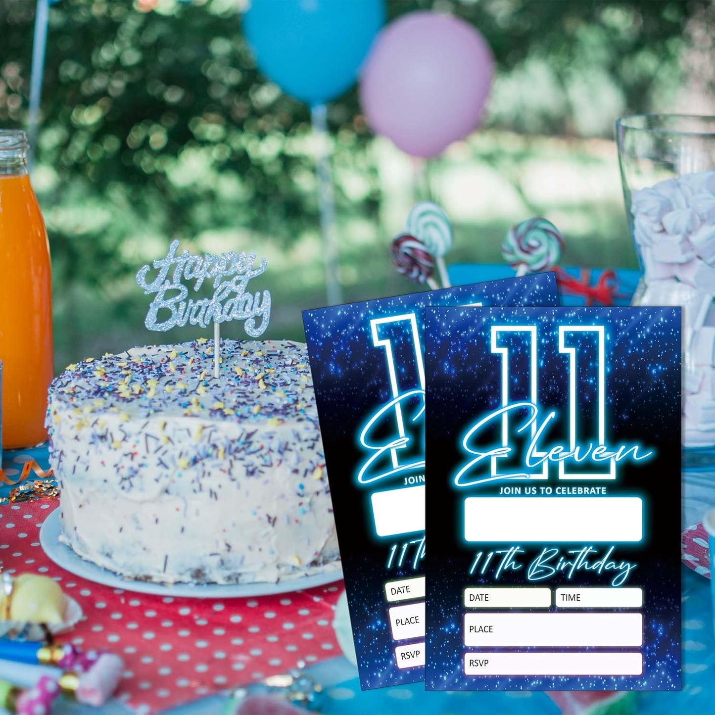 SIXEIGHT Blue 11th Birthday Party Invitations for Boys, Glow Neon Birthday Invitations, 20 Double Sided Invite Cards with Envelopes for Kids Girls, Party Decorations Supplies, 4"x6"-C11