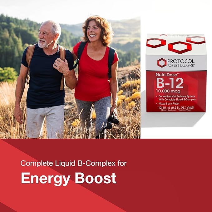 Protocol Nutri-Dose B-12 10,000mcg - Liquid Vitamin B-12 - for Energy Support, Nerve Health & Metabolism Support* - with Folate & Biotin - Convenient Vials - High Potency B-12-12 Vials