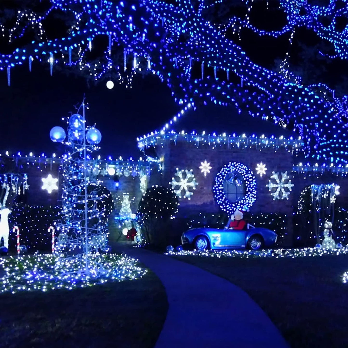 FUNPENY LED String Lights, 164FT, 500 Lights, 8 Modes, Waterproof, Green Wire, Blue & White for Indoor Outdoor Holiday Decor