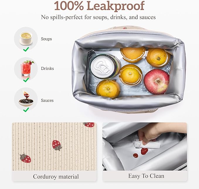 Lunch Bag Women Insulated Lunch Box,Cute Corduroy Lunch bags,Reusable Large Capacity Leakproof Cooler Bag with Adjustable Shoulder Strap for Men Adult Work Office Picnic Travel Strawberry