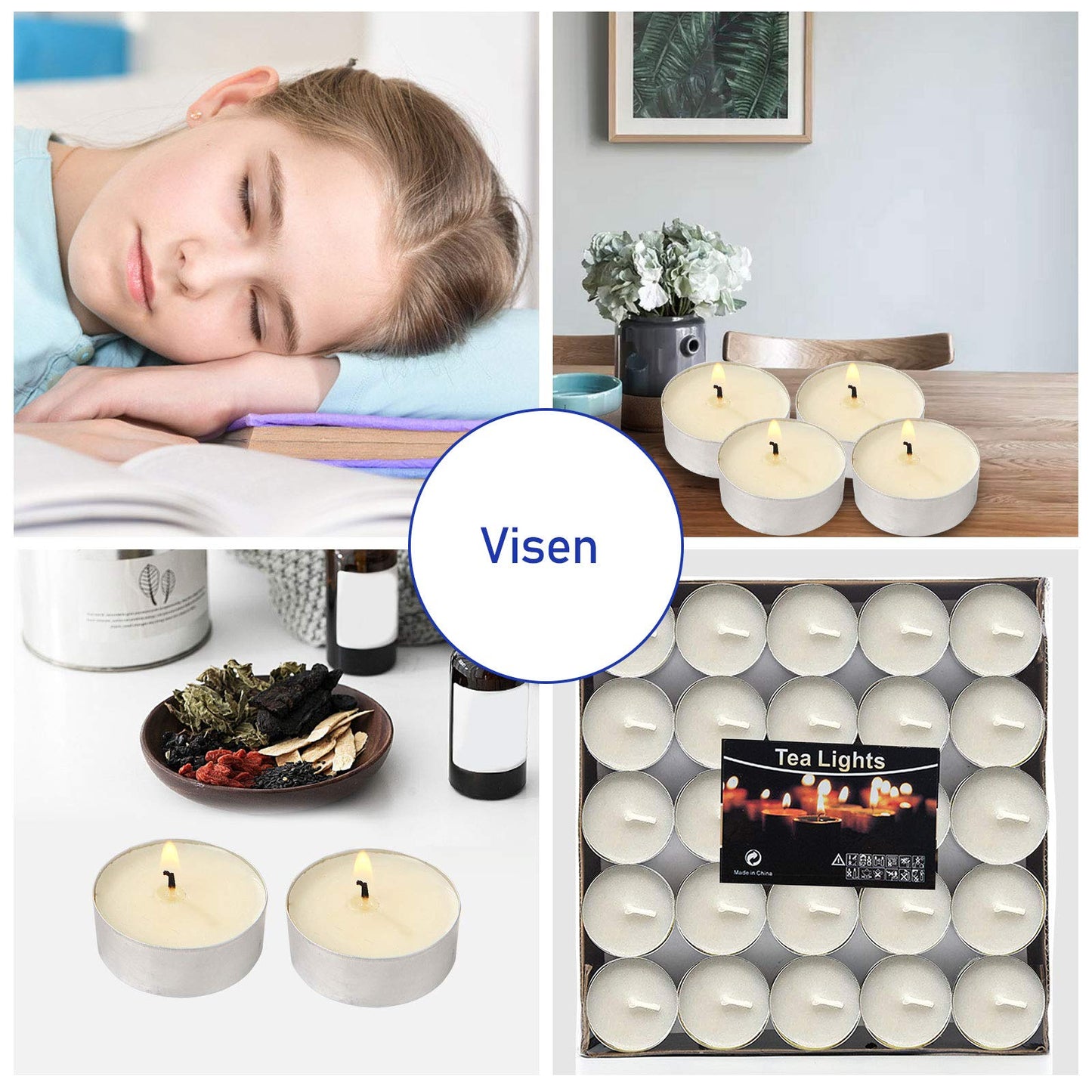 Visen 50-Pack Unscented Tealight Candles, White, Dripless, Smokeless, 6-Hour Burn Time, Paraffin Wax For Home & Events