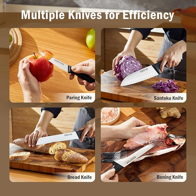 KINGSTONE 14-Piece Knife Block Set, High-Carbon Stainless Steel Knives with Ergonomic Non-Slip Handles, Ultra Sharp & Dishwasher Safe, Walnut