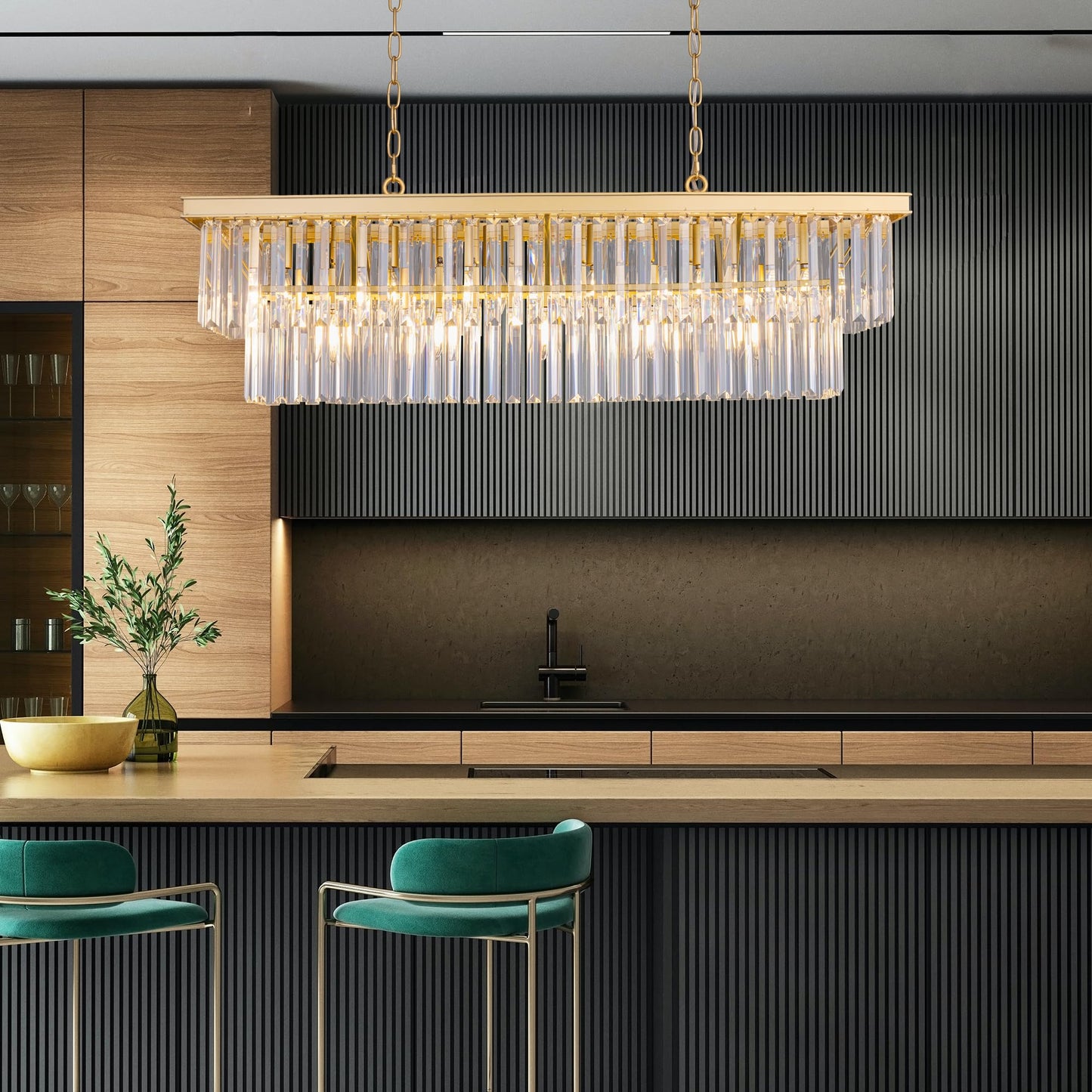 Wellmet Black Chandelier 40 Inch  11-Light Modern Rectangular Crystal Chandelier Ceiling Hanging  Linear Chandeliers Light Fixture For Living Room  Dining Room  Bedroom  Kitchen Island