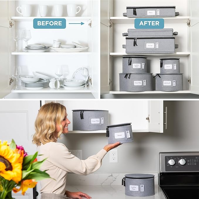 Hard Shell China Storage Containers 8-Piece Set Moving Boxes for Dinnerware, Glasses, Plates, Mugs and Saucers Sturdy Dish Organizer with Dividers for Seasonal Storage - Service for 12 - Grey