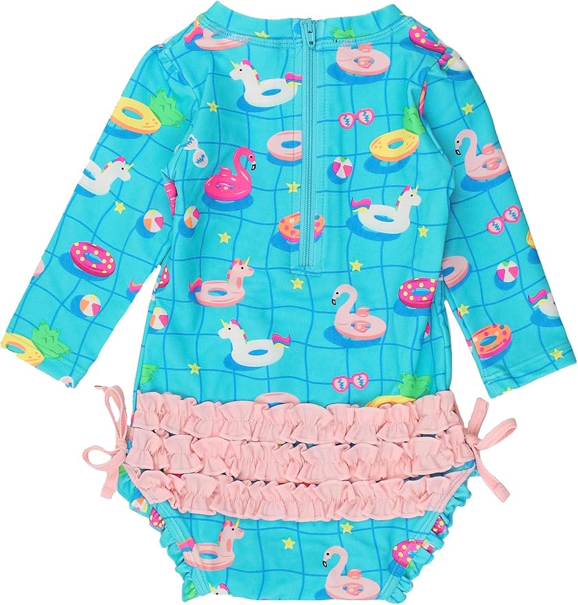 RuffleButts Baby Girls UPF 50+ Sun Protection Novelty Print Long Sleeve One Piece Rash Guard Swimsuit with Zipper