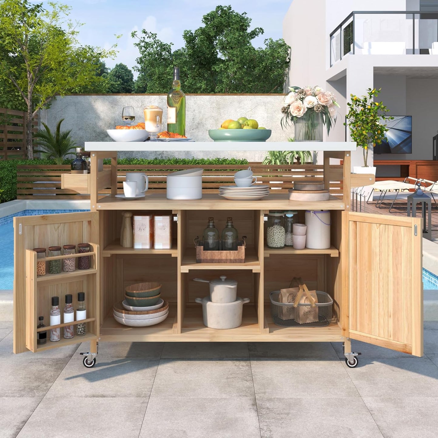 Outdoor Grill Carts for Patio Graden BBQ with Storage Cabinet, Home Rolling Kitchen Island Bar Cart with Stainless Steel Top, Food Prep Table with Shelves, Spice Rack & Towel Holder (Natural)