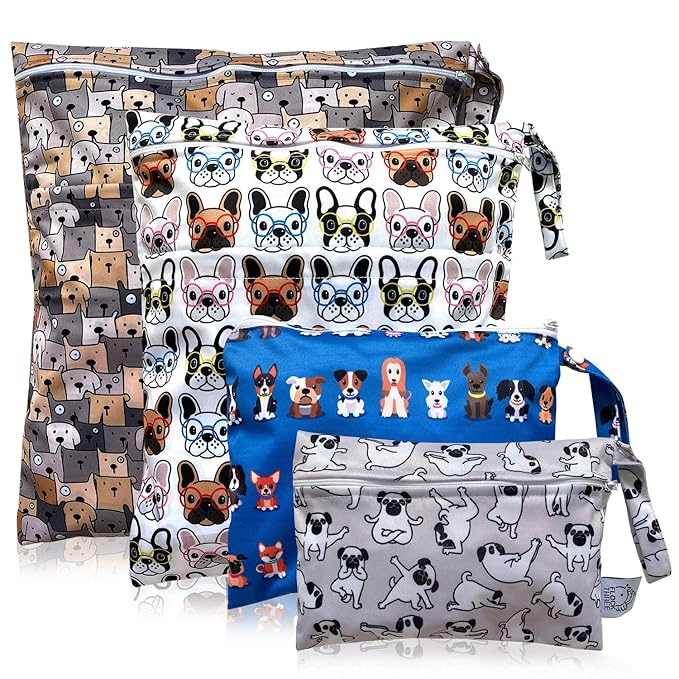 FLOCK THREE 4pcs Waterproof Wet Bag Reusable for Wet Clothes Baby Diapers Stroller Swimsuit Travel Reusable toiletries Pouch Small and Larger Electronics case 4 Pack (Cute Dog)
