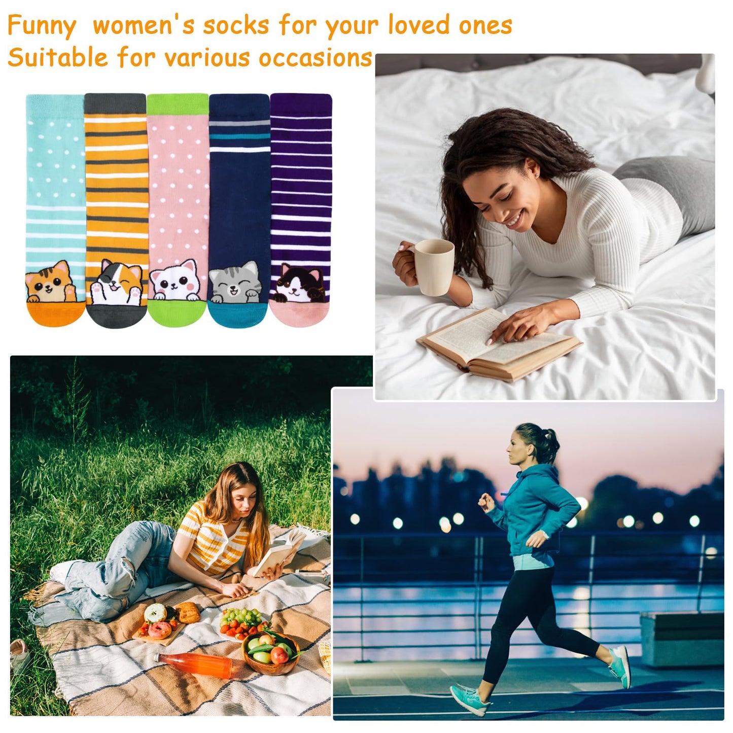 5 Pairs Womens Socks Funny Dog Socks Compatible with Chalier Cute Animal Ladies Sock Gifts for Women,One Size,Striped Cat